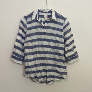 Chicos 0 Blue White Stripe Linen Button Up 3/4 Sleeves XS Petite Beachy Resort